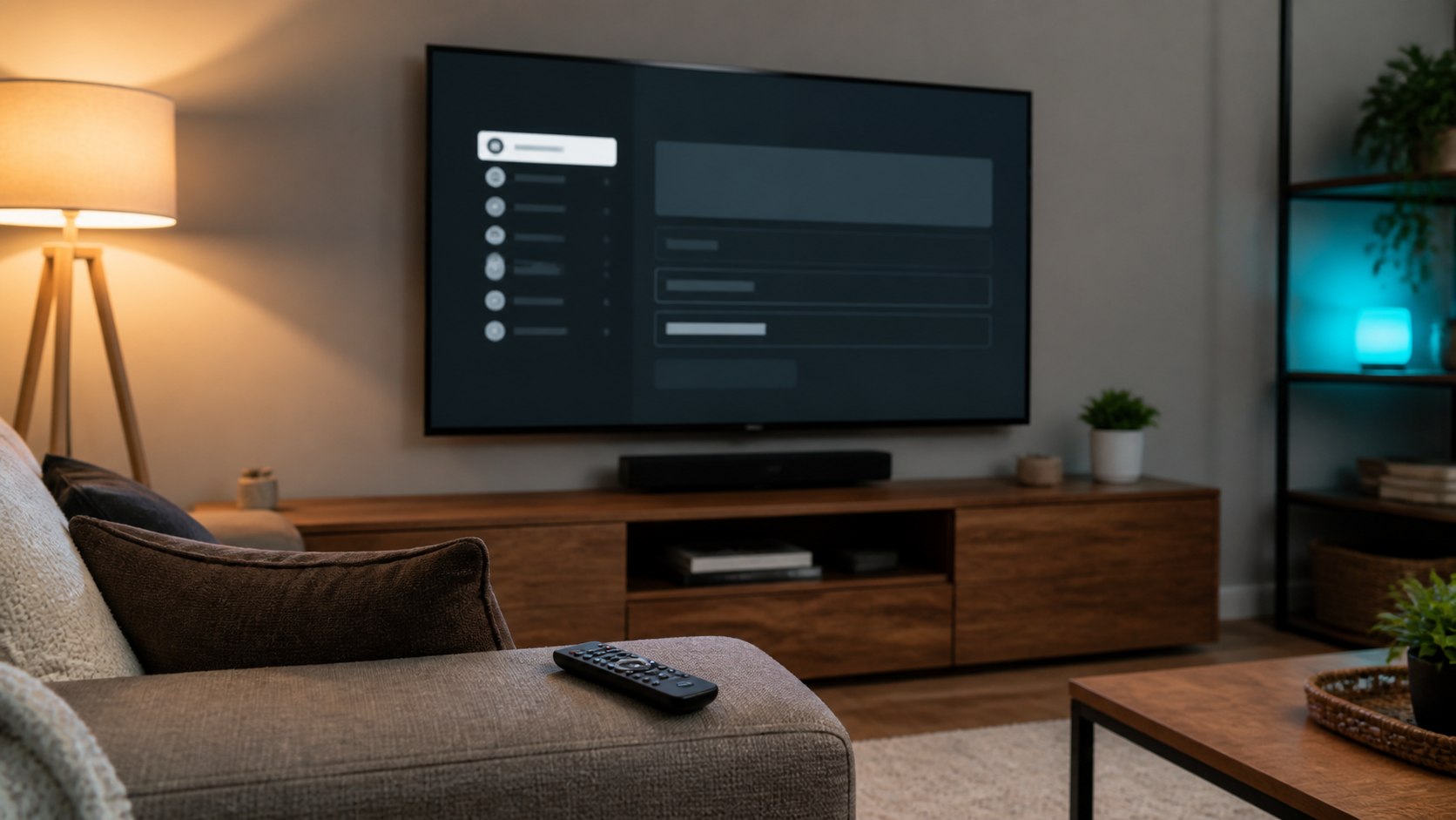 Smart television and remote in a living room setup