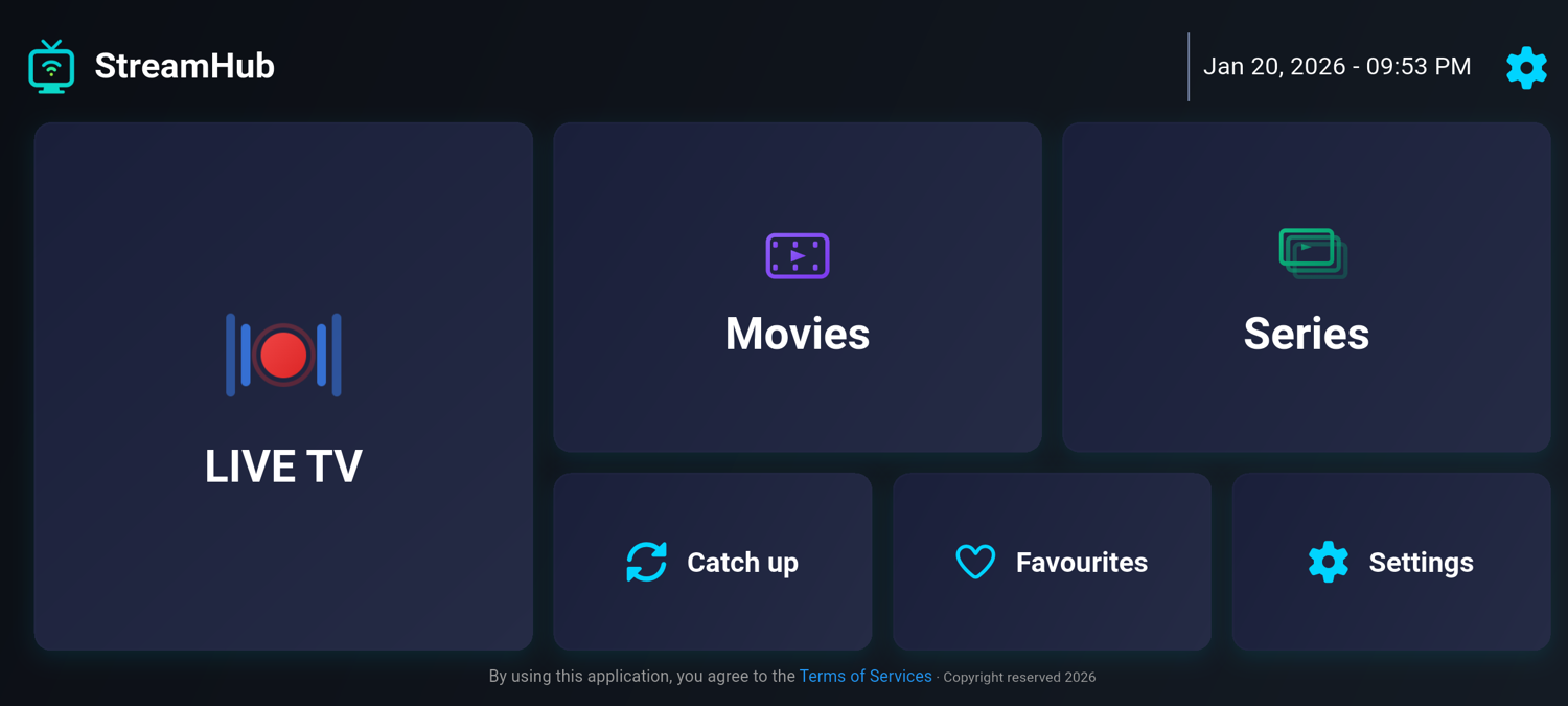 StreamHub dashboard showing Live TV, Movies and Series categories