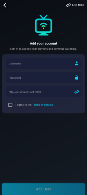 Xtream Codes API login screen in StreamHub