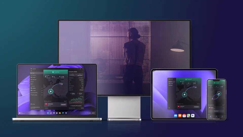 Proton VPN privacy tools beside a television
