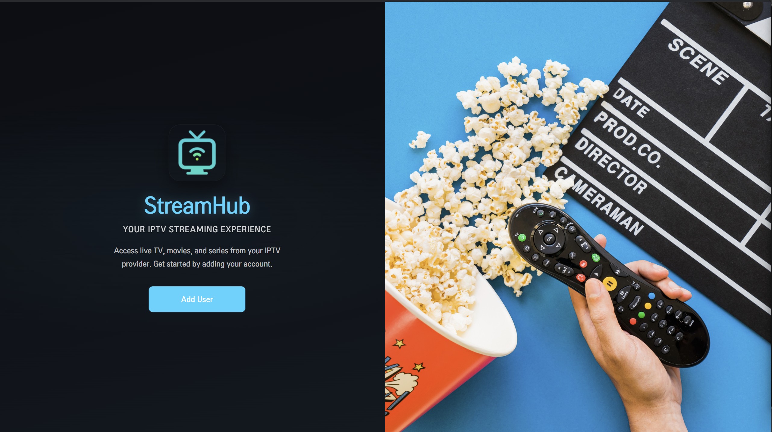StreamHub welcome screen beside a television remote in a movie-night setting