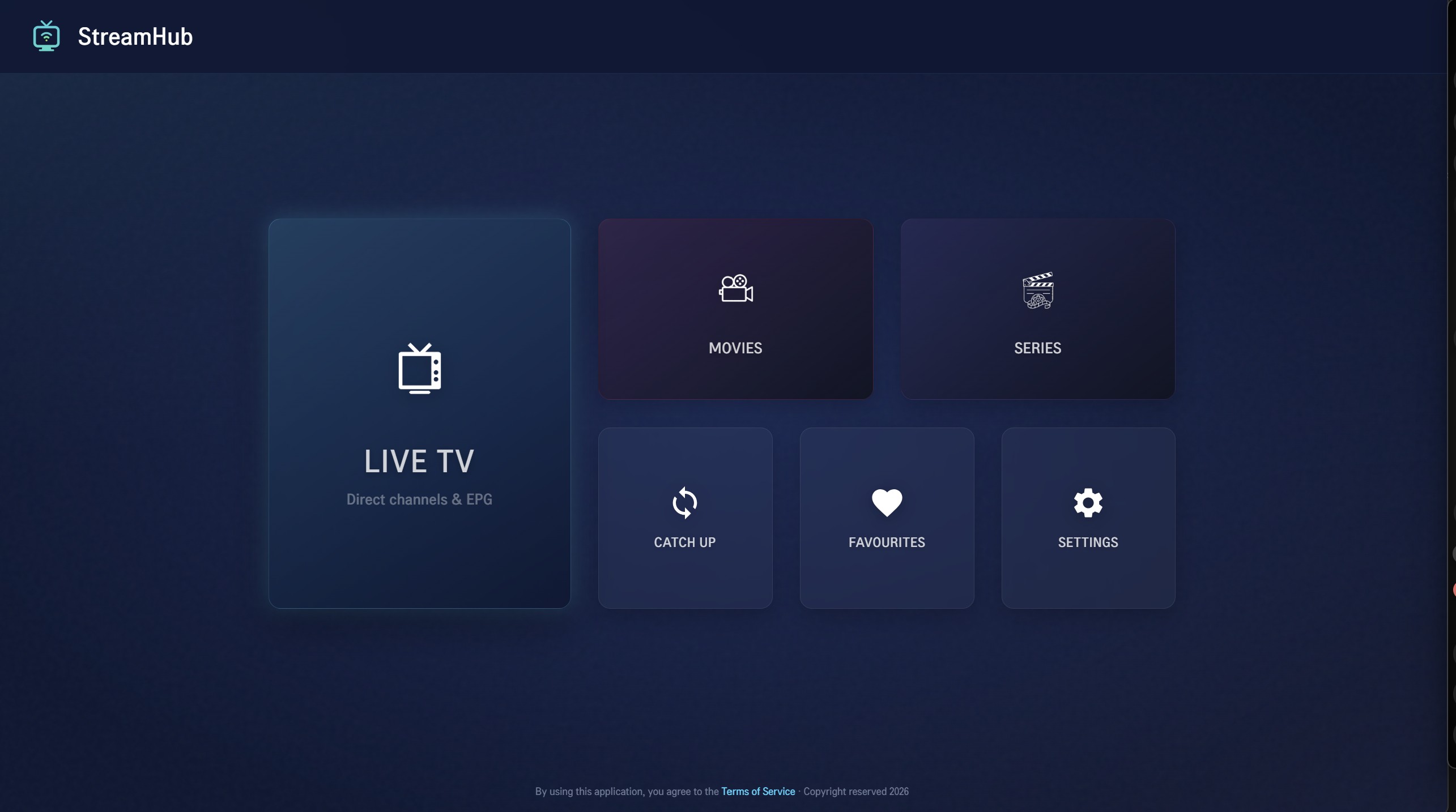 StreamHub television home screen with large Live TV, Movies, Series, Catch up, Favourites, and Settings controls