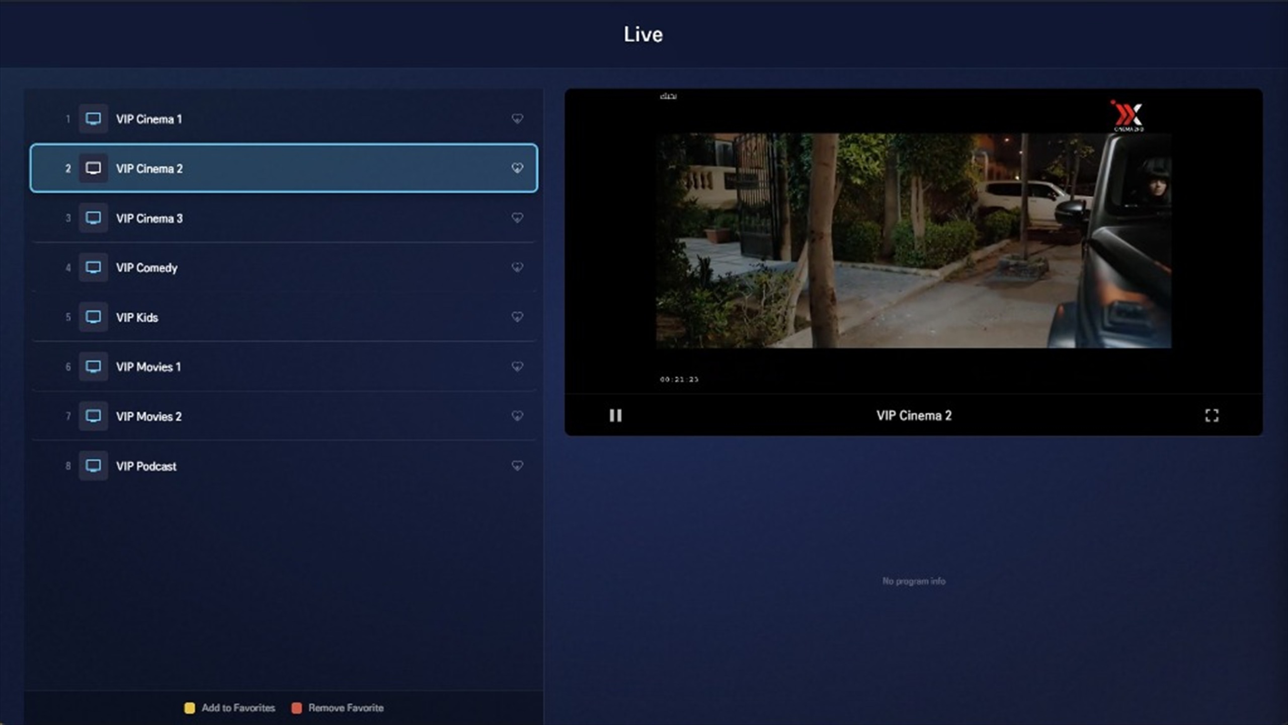 StreamHub Live channel list with embedded mini-player video preview and remote control favorite keys