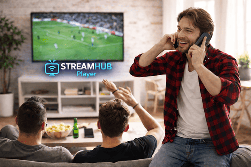 StreamHub IPTV Player interface on Smart TV showing Live Channels and VOD