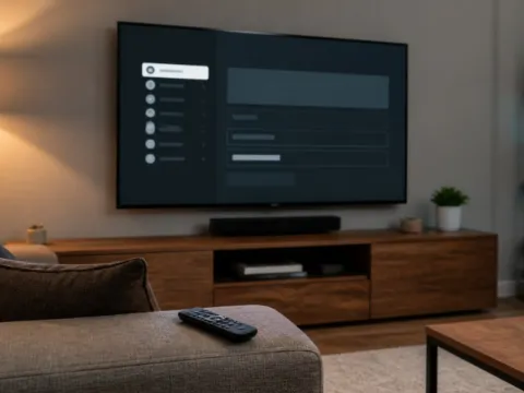 Smart television setup screen and remote control in a living room