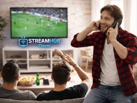 StreamHub player in use on a living room television