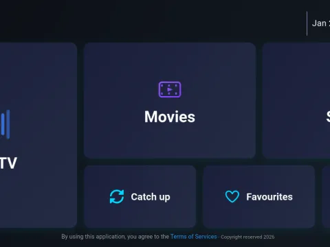 StreamHub categories for Live TV, Movies, Series, Catchup, Favourites, and Settings