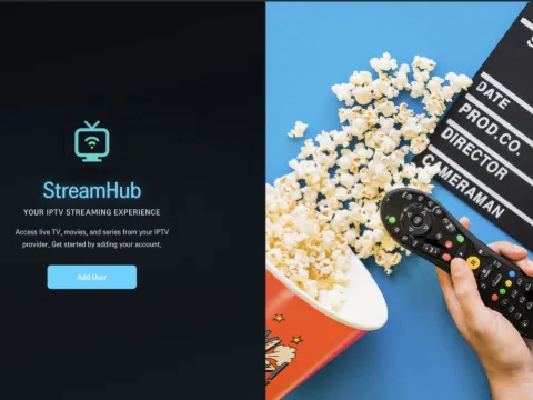 StreamHub welcome screen beside a television remote