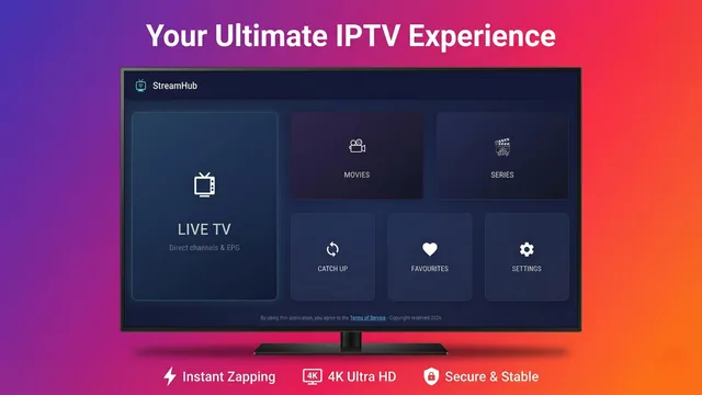 StreamHub running on a smart TV, showing the Live TV, Movies and Series tiles